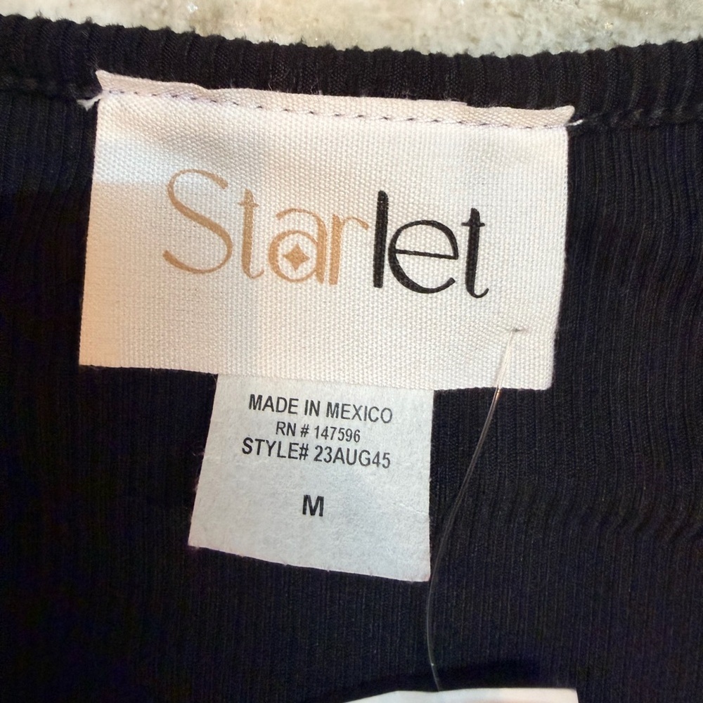 Starlet NWT Black Wrap Dress Medium Ribbed Puff Sleeve Tie Waist Mini Dress - Picture 6 of 10